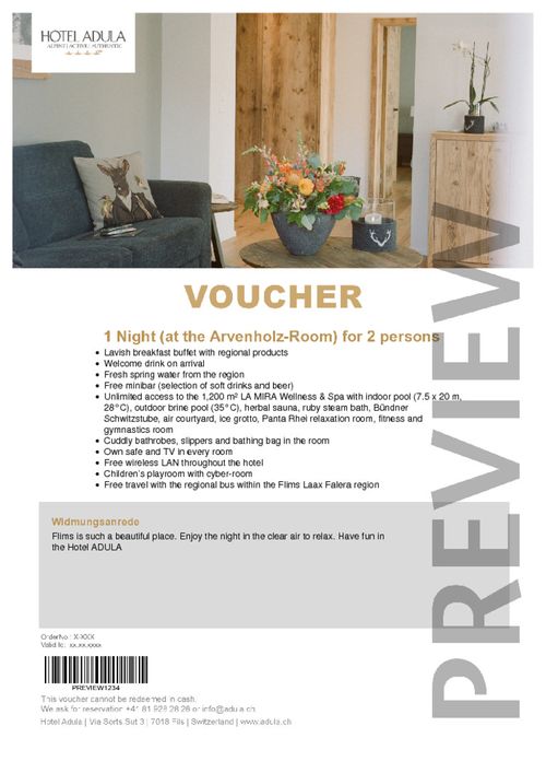 1 Night (at the Arvenholz-Room) for 2 persons