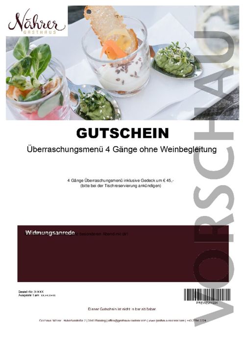 Überraschungsmenü 4 Gänge ohne Weinbegleitung