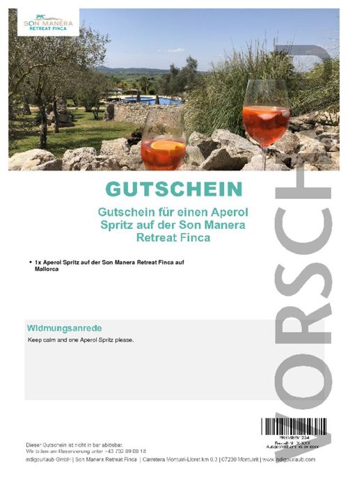 Gutschein für einen Aperol Spritz auf der Son Manera Retreat Finca